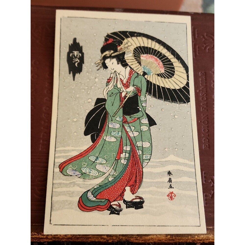 Japan Art " Woman with Umbrella Vintage Unsed Postcard